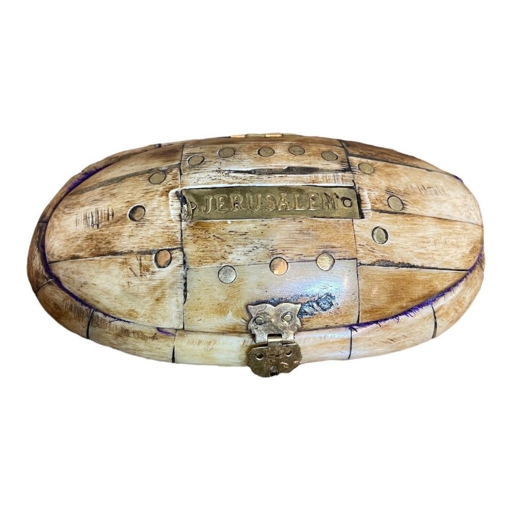 Vintage Camel Bone Trinket Box, Purple Velvet Lined, Brass Inlay, and‎ Hinged 5”